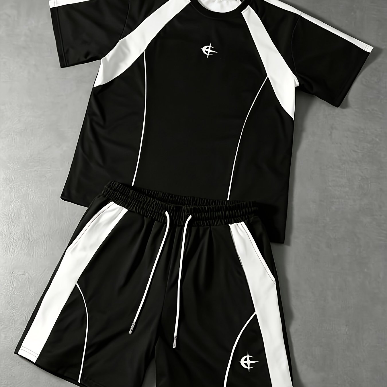 TEMU Street Black And White Contrast Sportswear Set For Men, Summer Short Sleeve T-shirt And Shorts 2pcs Set, Trendy Outdoor 2pcs Set