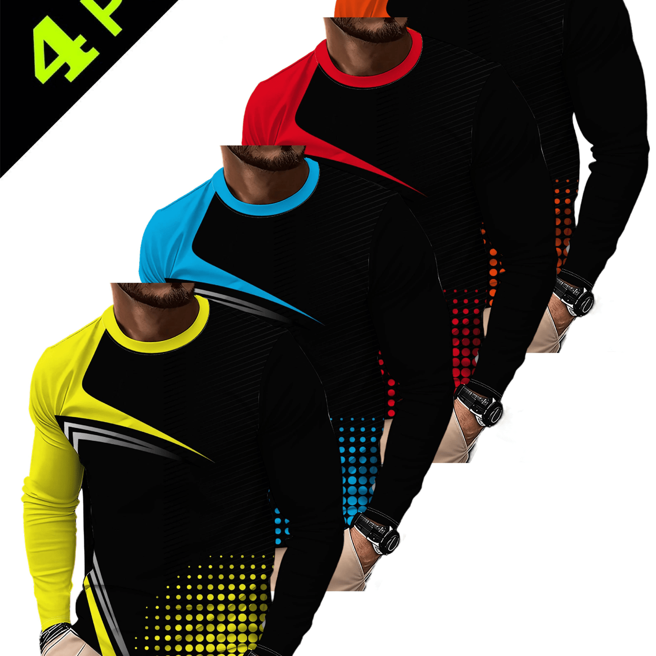 TEMU 4pcs Men's Round Neck Long Sleeve T-shirt Set, With Color-block And Polka Dot , Lightweight Breathable Fabric For Casual Wear, Print Design,