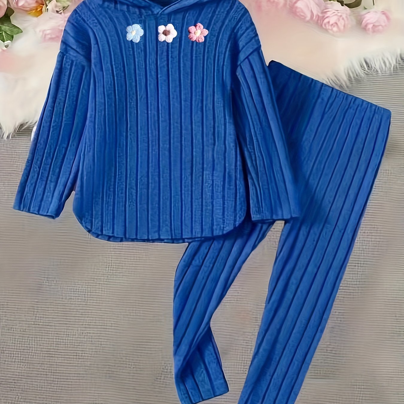Image of 2pcs Girls' Ribbed Solid Color Set, Fashionable Flower Top For Little Girls, Elastic Comfortable Pants, Perfect For Outdoor,christmas,halloween