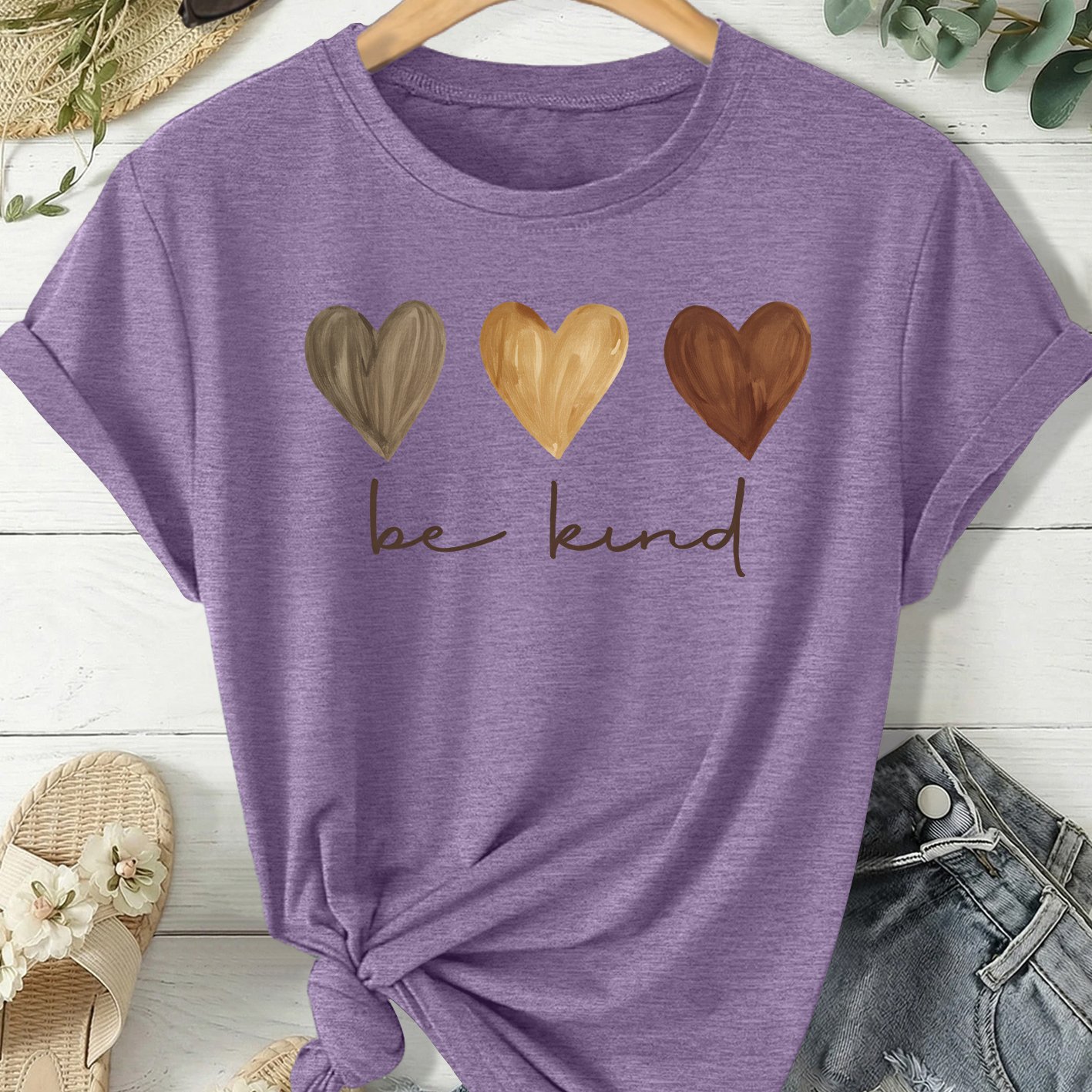 TEMU Spring And Summer Women's Short-sleeved T-shirt Morandi Brown Yellow Gradient Love Heart Pattern Print Round Neck Casual Loose Size T-shirt