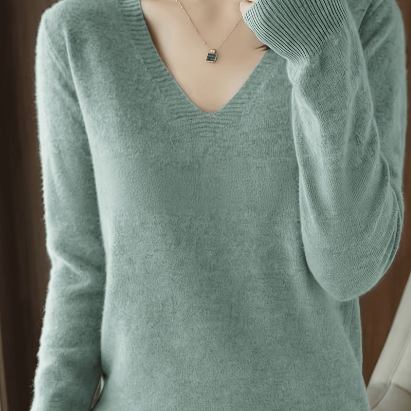 TEMU Women's V-neck Soft And Warm Crewneck Sweater - Elegant Long Sleeve For , Machine Washable Solid Color Top - Compatible With Cashmere