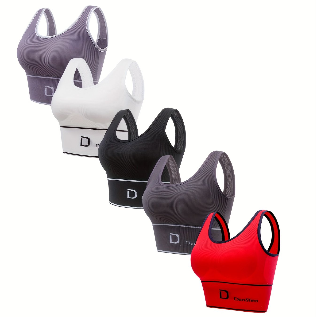 TEMU 5pcs Women's Sports Bras - Wireless Full Coverage Yoga Running Bras, High Breathable Nylon Blend, Assorted Colors, Machine Washable