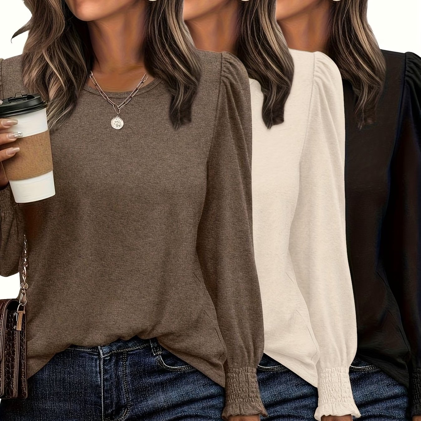 TEMU 3pcs Women's Fashion Top Set, Autumn Cuff Shirt, Round Neck Casual Puff Sleeve T-shirt