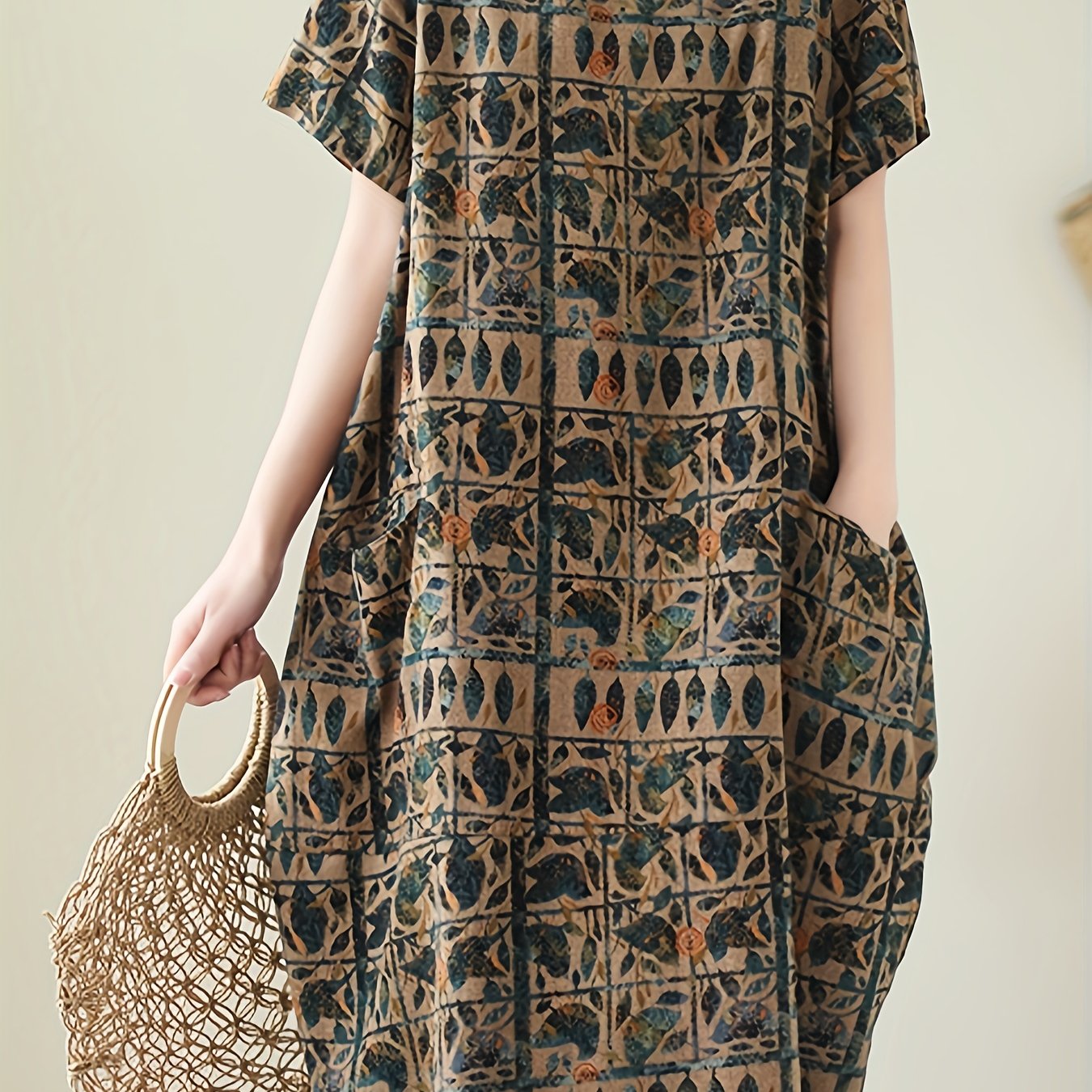 E-shop Stilvolles Frühling/Sommer Leinen-Print Kleid mit lockerer Passform und Kurzarm