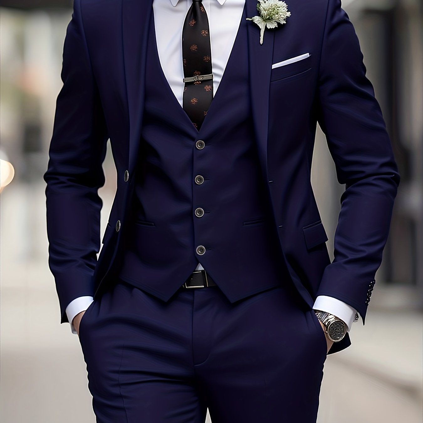 TEMU Men's High-quality Plain Collar 3pcs Plus Size Suit, Wedding Work Party Formal Wear Set Including Suit Jacket, Pants, And Vest