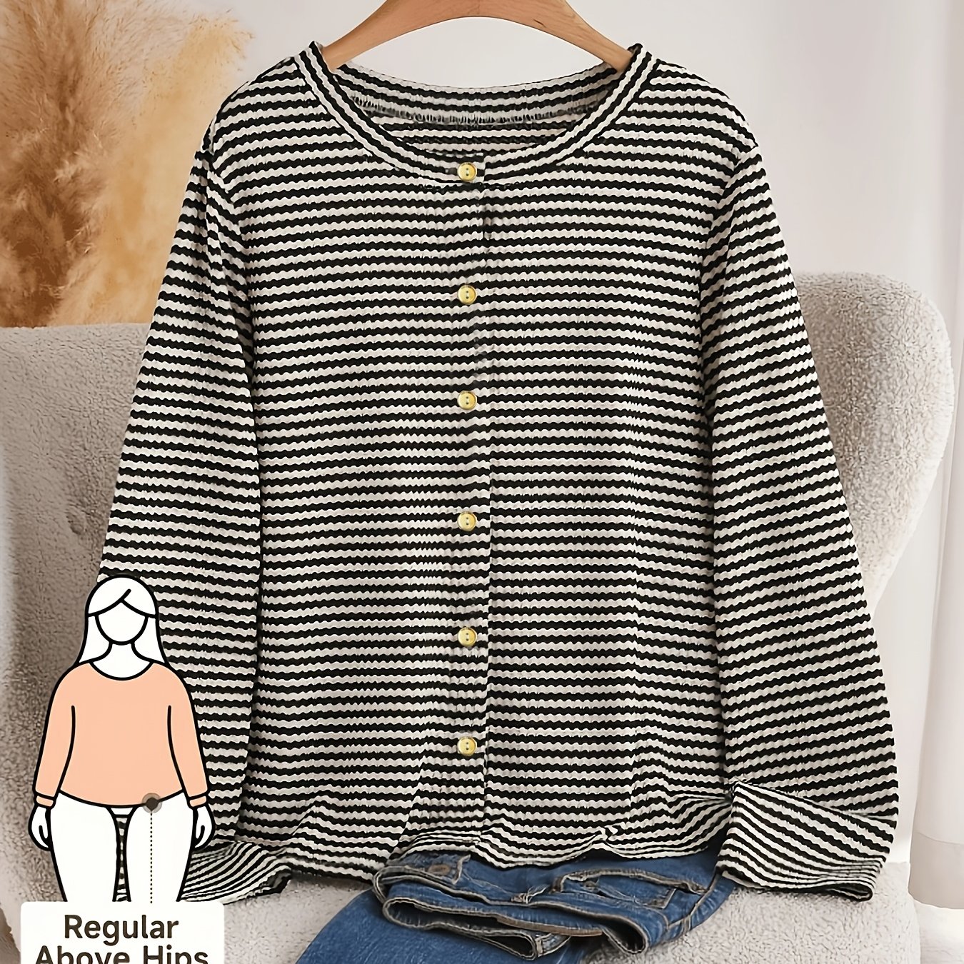 TEMU Plus Size Women's Striped Round Neck Cardigan, Autumn Single-button Loose Long Sleeve Top, Tummy Control Versatile Jacket