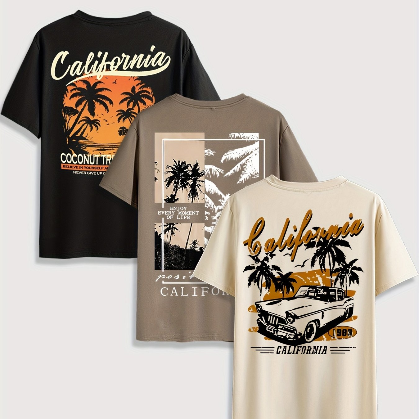 TEMU 3pcs Set: Men's Tree Print Crew Neck Short-sleeve T-shirts, Breathable Fabric, Machine Washable, Perfect For Summer , Casual And Versatile