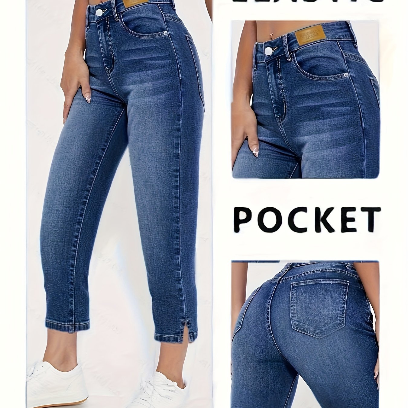 European And Dark-colored Slim-fit Shaping Comfortable Cropped Jeans With Flared Legs And Slit