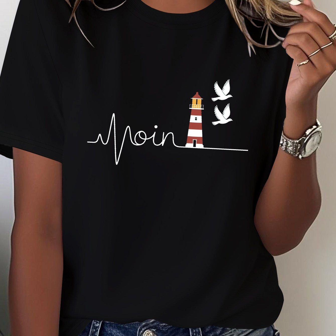 's T-shirt Made Of Pure Featuring Heartbeat Moin Lighthouse Birds