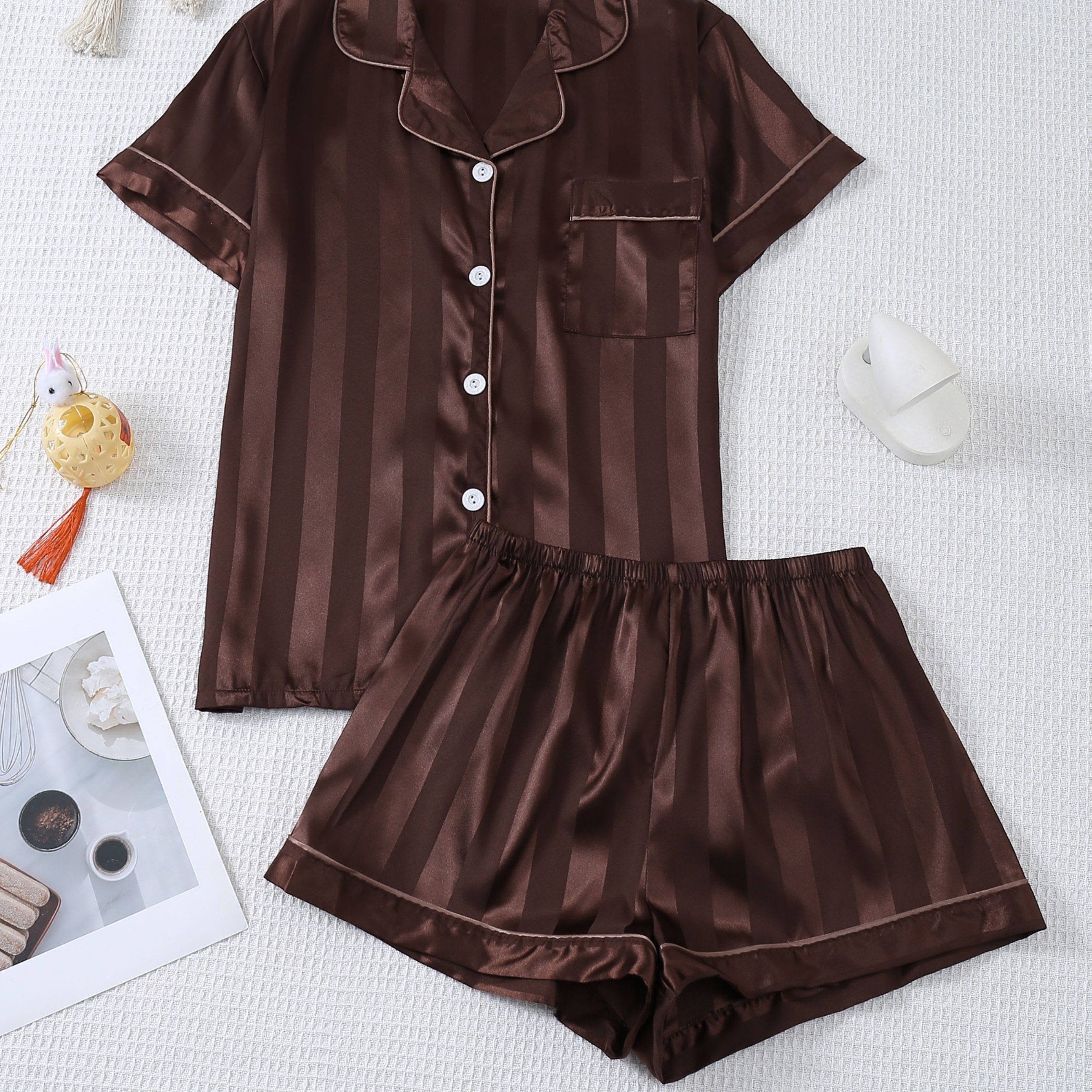 TEMU Women's Full-body Coffee-colored Striped Printed Pajama Set, Short Sleeve And Shorts 2pcs Set, Elastic Waistband On Pants, Button-top Blouse,