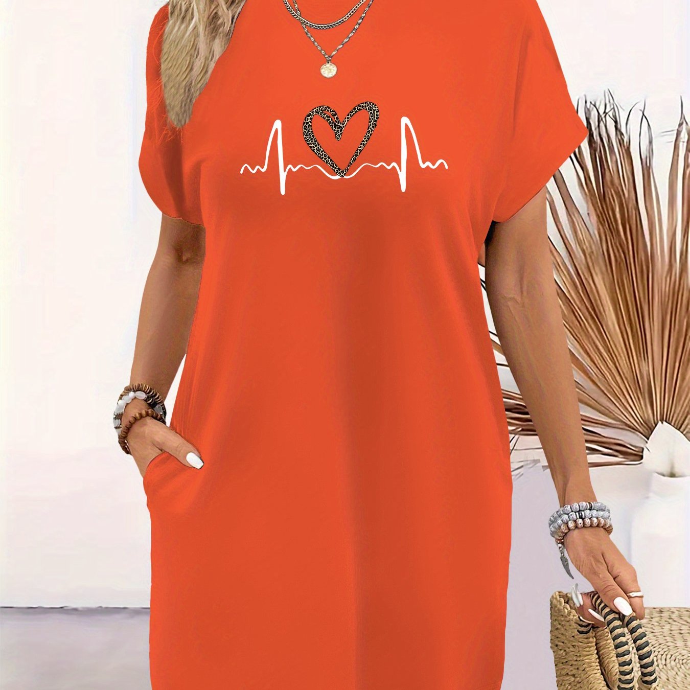 TEMU Women's Elegant Longline T-shirt With Ecg Heartbeat & Leopard Print Design, Round Neck Short Sleeve Top With Pockets, Machine Washable Casual