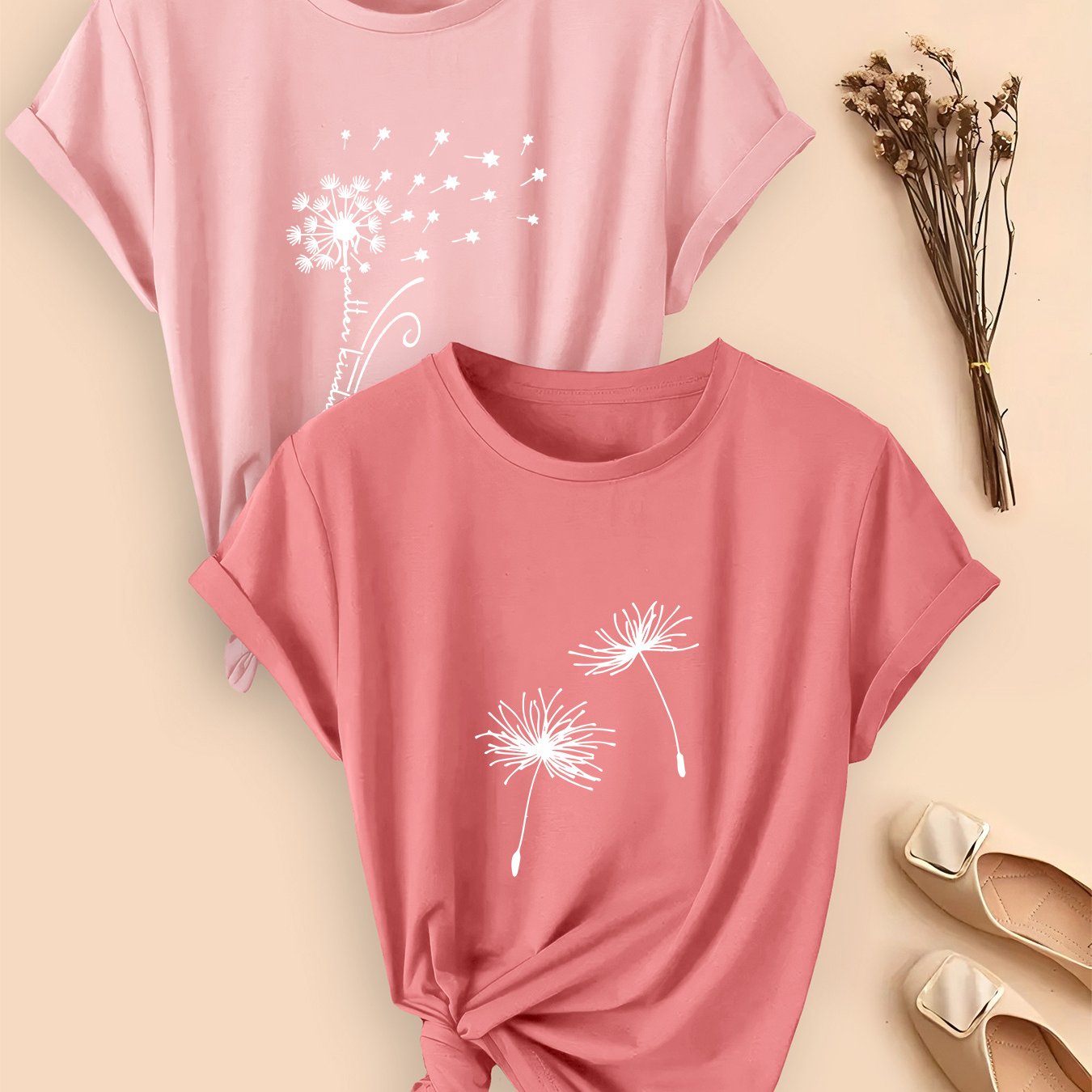TEMU Plus Size, 2pcs Spring/summer Plus Size Casual Women's Tops, Dandelion Print Fiber Fabric Round Neck Short-sleeve Tees For Daily Wear