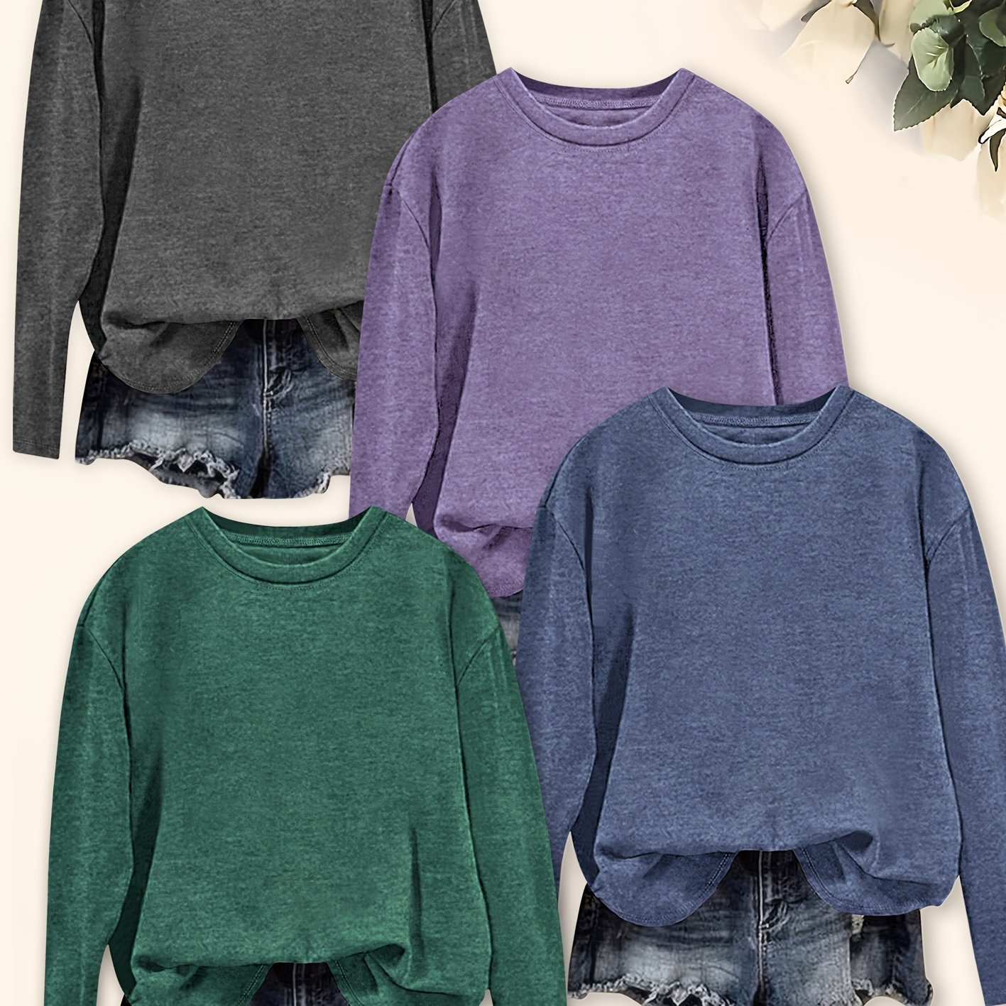 TEMU Fashion Solid Color Round Neck 4pcs Set Long-sleeved T-shirt Women's Top For Spring, Summer, Autumn And Winter