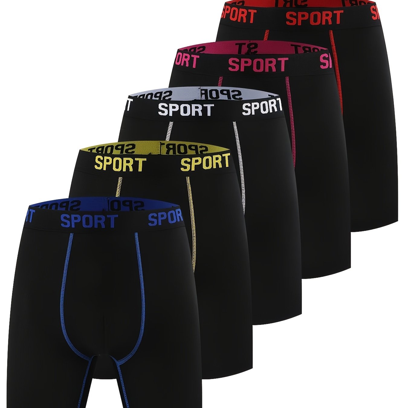 TEMU 5pcs Sport Athletic Style Men&;s Long Underwear, Thigh-high Stretch Breathable Quick-dry Training Boxer Shorts, Breathable Comfortable Stretchy