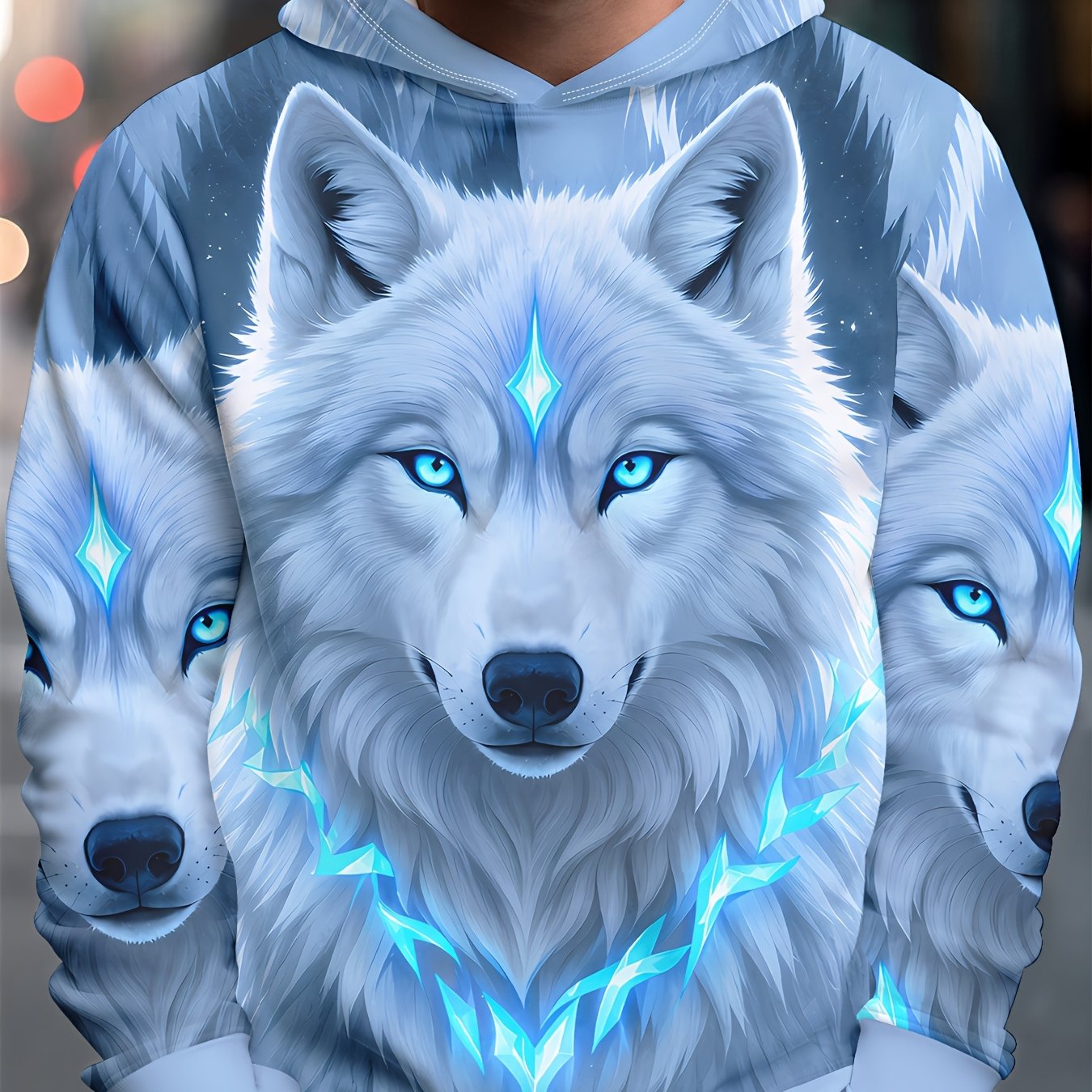 TEMU Men's 3d Printed Hoodie, Light Blue Starry Blue White Wolf Print With Wolf Head Patterns On Sides, Breathable Casual Pullover Hoodie For Spring
