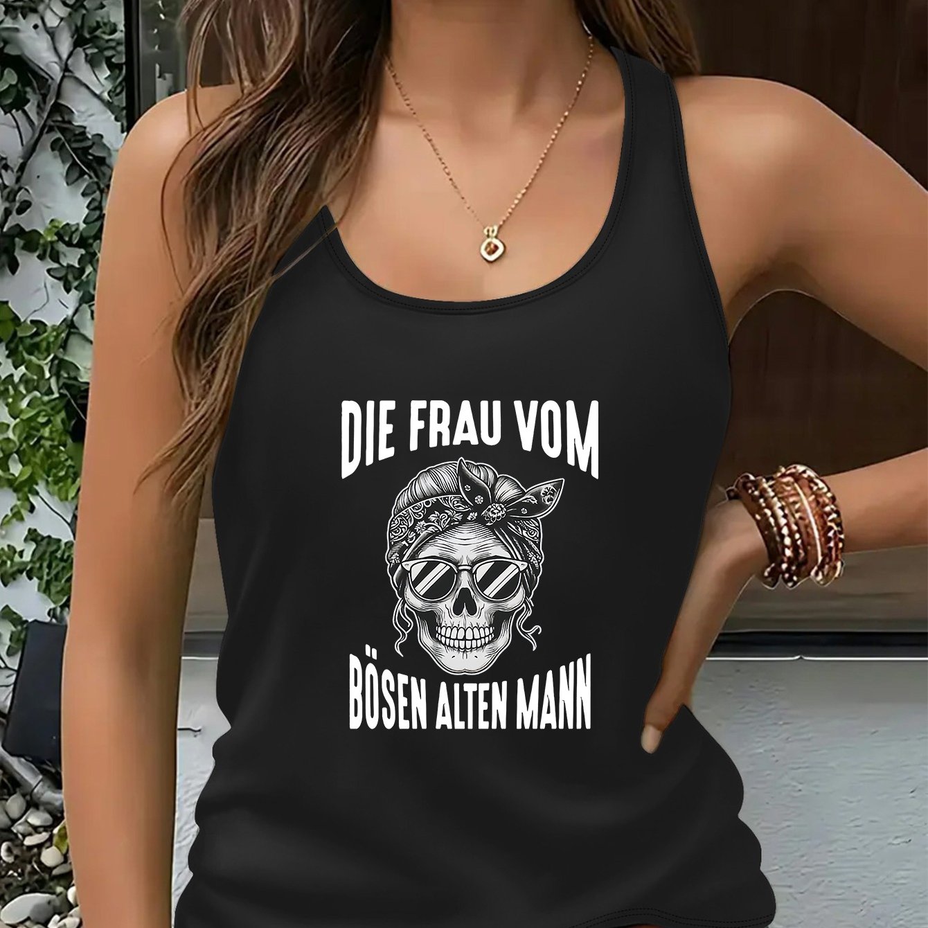 Women's Casual Round Neck Sleeveless Vest With "bad Old For Man" Skull Graphic Letter Print, Machine Washable, Soft Breathable Fabric, Pullover Top For Outdoor And Casual Wear