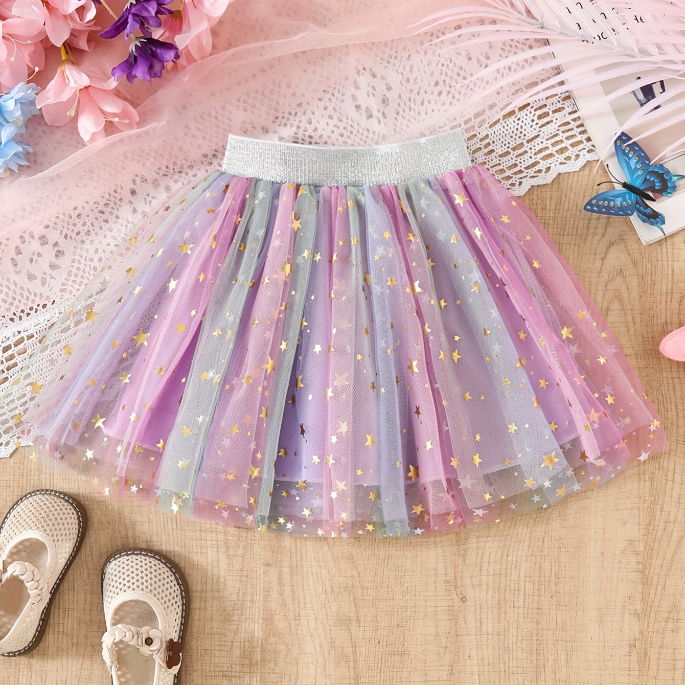 Image of Girls' Starry Rainbow Versatile Skirt, Stylish Children's Fluffy Skirt, Girls' Short Skirt, Festive Birthday Pleated Tulle Party Dress, Autumn Essentials