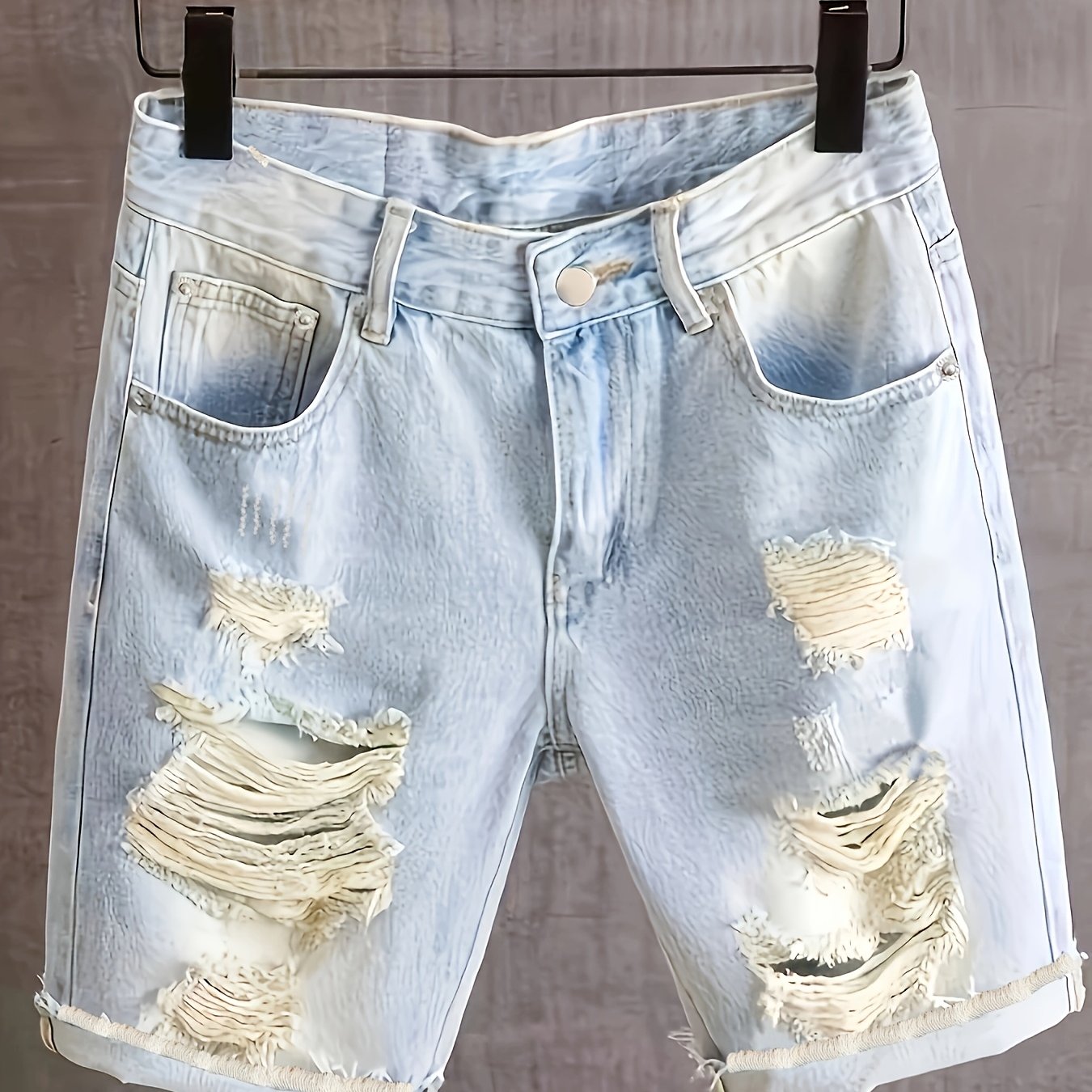 Geng Yuan Pure Solid Distressed Denim Shorts