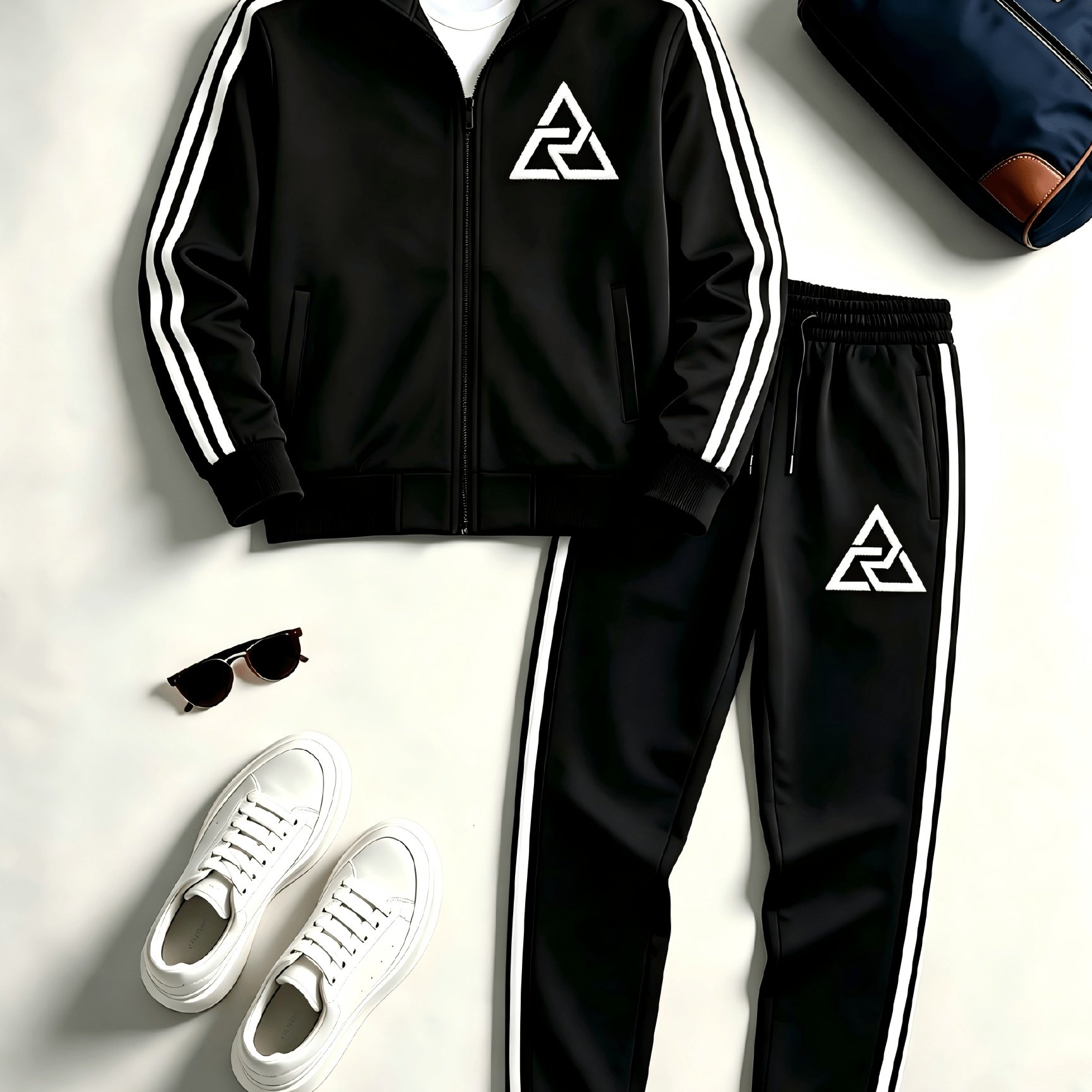 Image of Men' Track Suit Set: Zip-up Jacket Matching Pants With Black Stripes And Geometric Logo, Lightweight Comfortable Outfit For Casual Wear, Home, Lounge, Or Gift Idea