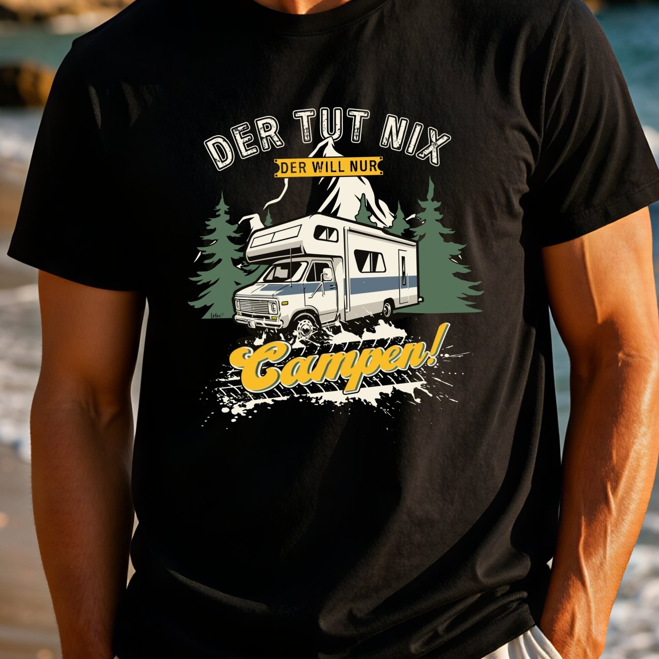 Men's T-shirt Doing Want To Camp Graphic T-shirt German Motorhome In Forest Mountains With Yellow Script