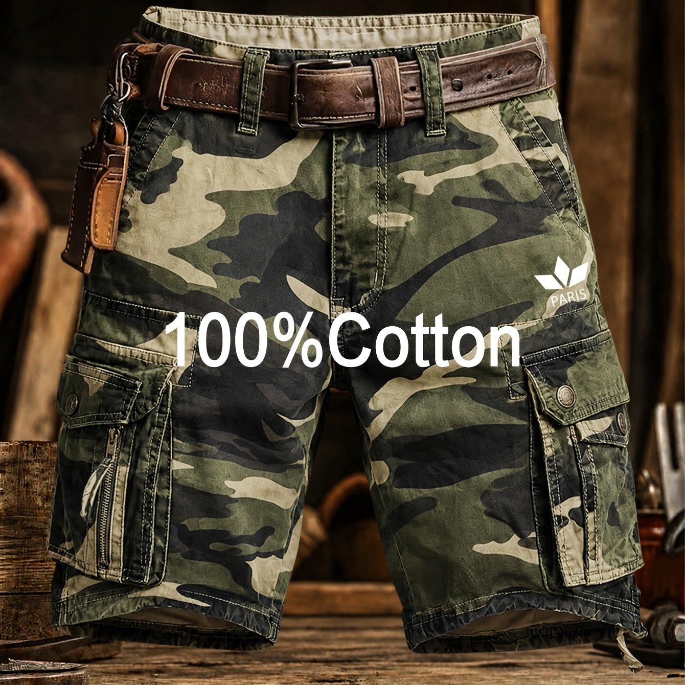 Image of 100% Cotton Summer Logo Print Fashion Camouflage Men's Cargo Shorts -- Casual Multi-pocket Shorts For Running And Commuting Five-point Pants