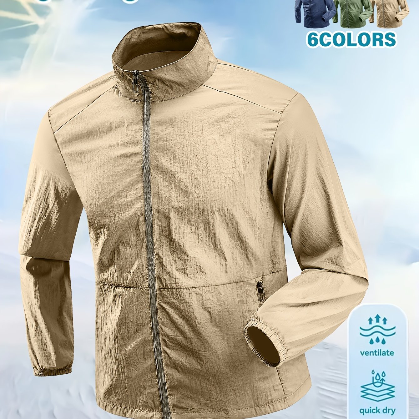 TEMU Plus Size Men's Breathable Jacket, Lightweight Quick Dry Stand Collar Coat, Outdoor Windbreaker For Hiking, Fishing, & Everyday Activities, Plus