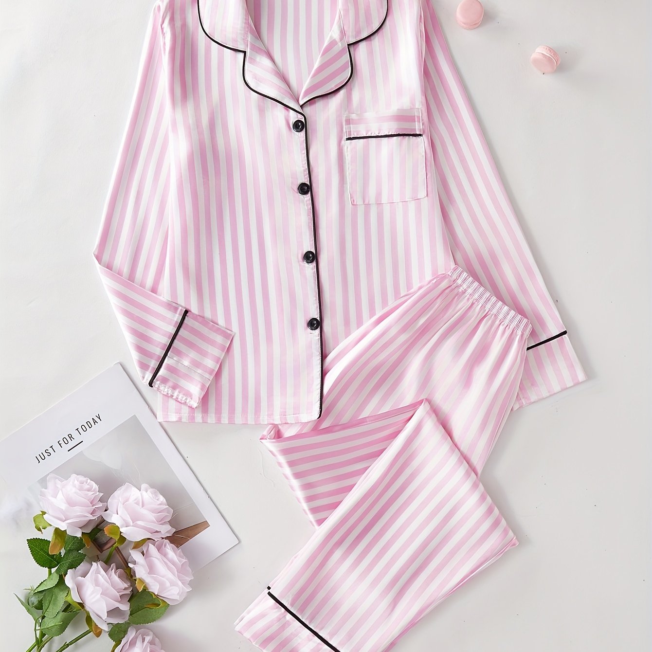 Elegant Striped Pajamas, Long Sleeve Button-up Top And Long Pants Sleepwear Set, Women's Sleepwear And Loungewear