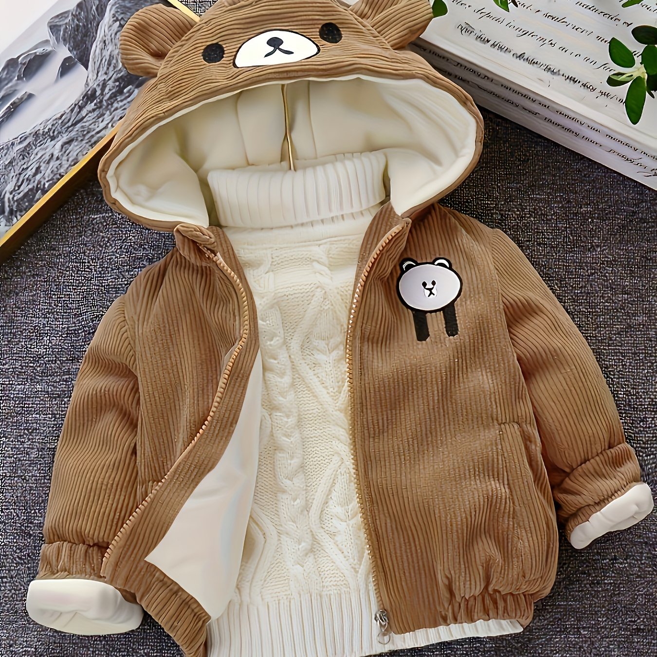 Image of Kids' Cozy Cartoon Bear Hooded Jacket - Thick Winter Outerwear With Fleece Lining, Long Sleeves, And Front Zipper Pockets For Boys And Girls