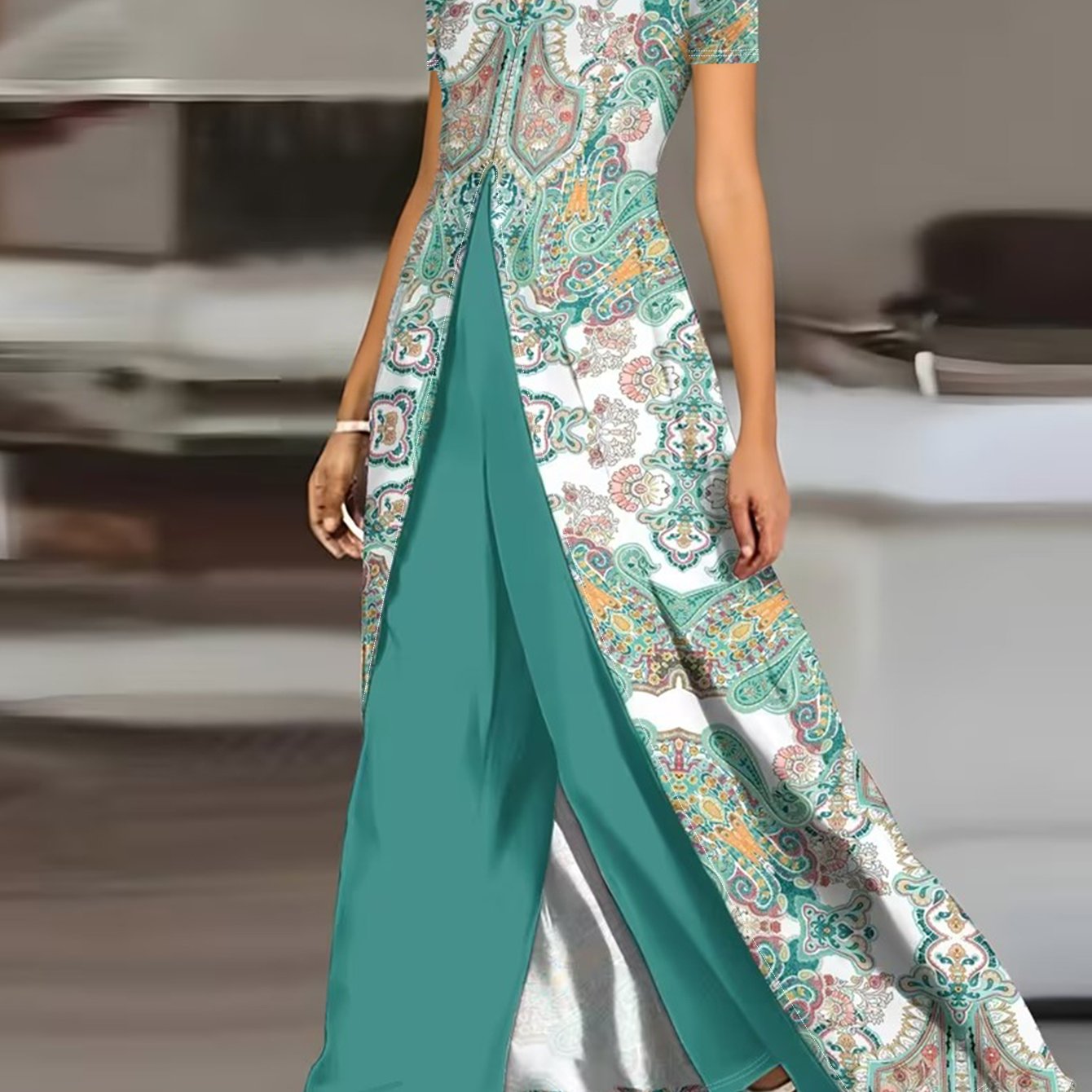 Image of Plus Size, 2pcs Set[plus Size] Vacation-ready Vintage Ethnic Peacock Short-sleeve Waist-defining Split Skirt+ Wide-leg Pants Spring/summer Bohemian-chic Ensemble Plus Size 2pcs Set