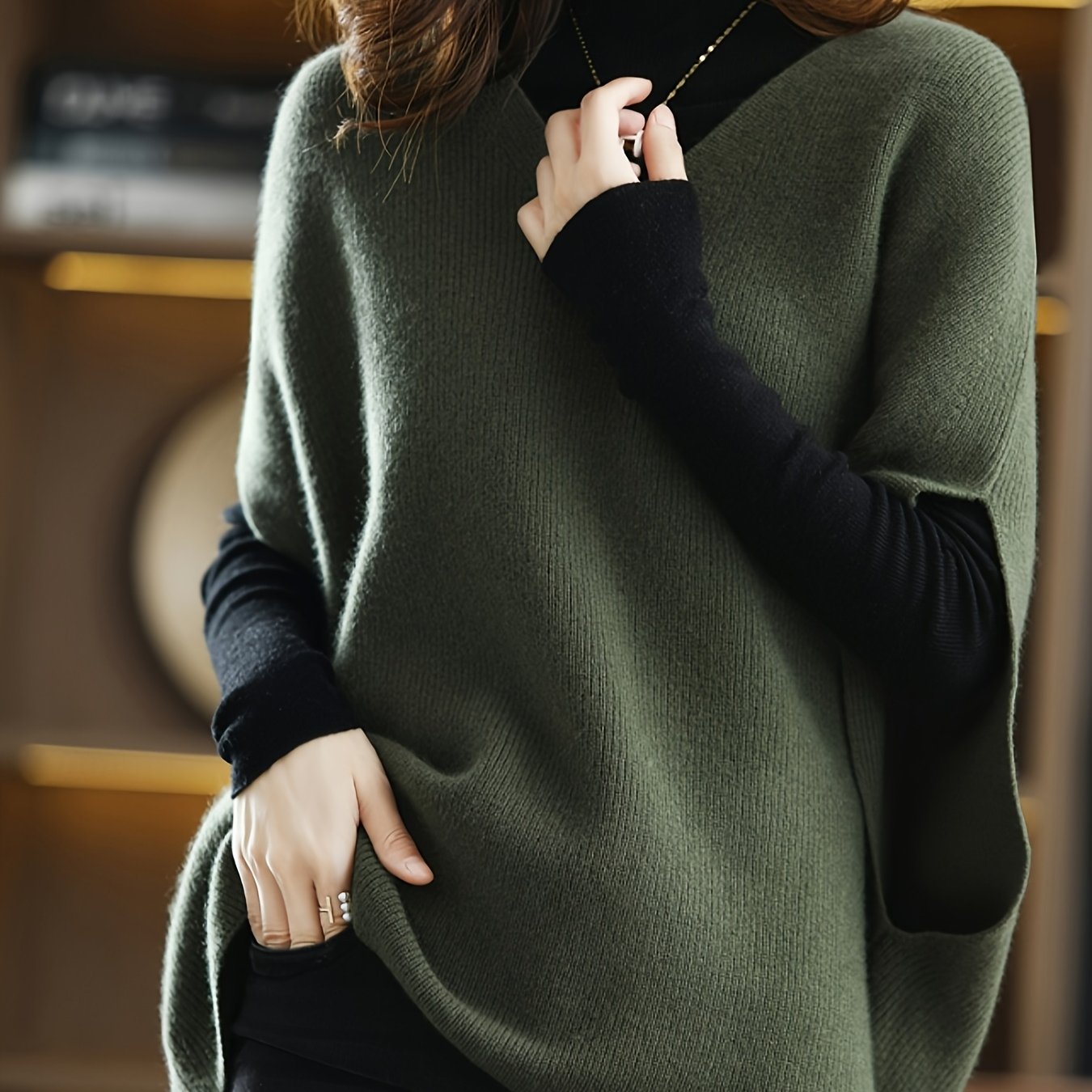 TEMU Elegant -neck Knit Sweater Vest For Women - Chic Batwing Sleeve, Loose Fit Cape Shawl Layering, Classic Sweater For Ladies