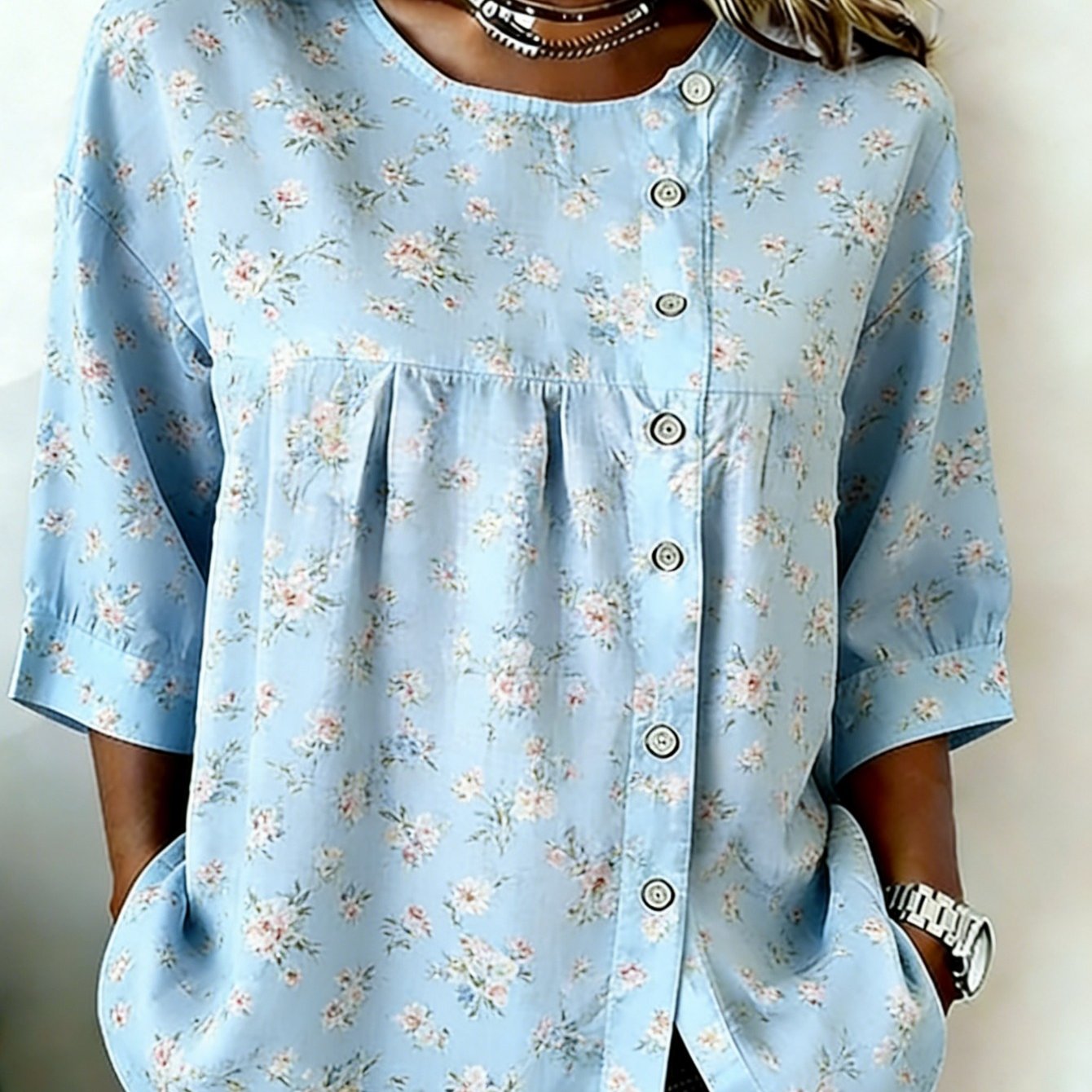 Plus Size - Plus Size Women's Crew Neck Top With Button- Light Blue Floral Print For Summer Casual Wear, Suitable For , From Casual To Semi-formal Settings, Soft Fabric, For Mother, Sister Or Friend