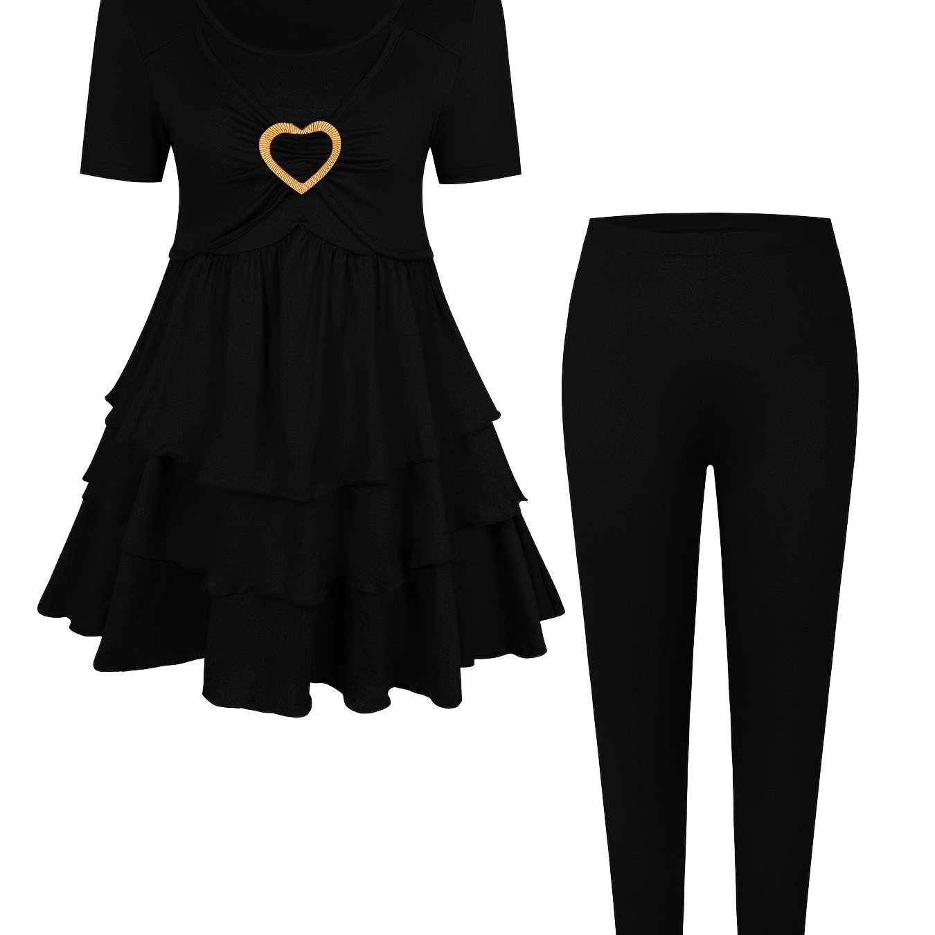Plus Size - Plus Size - Plus Size Women's Round Neck Short Sleeve Layered Top And Pants Set