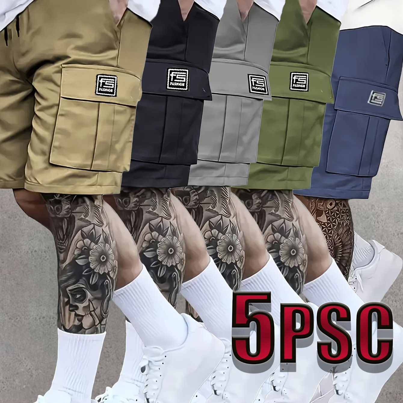TEMU 5pcs Set. Men's Summer Fashion Trendy Letter Shorts, With Multiple Pockets And Drawstring At The Waist, Suitable For Daily Life, Work, Leisure,