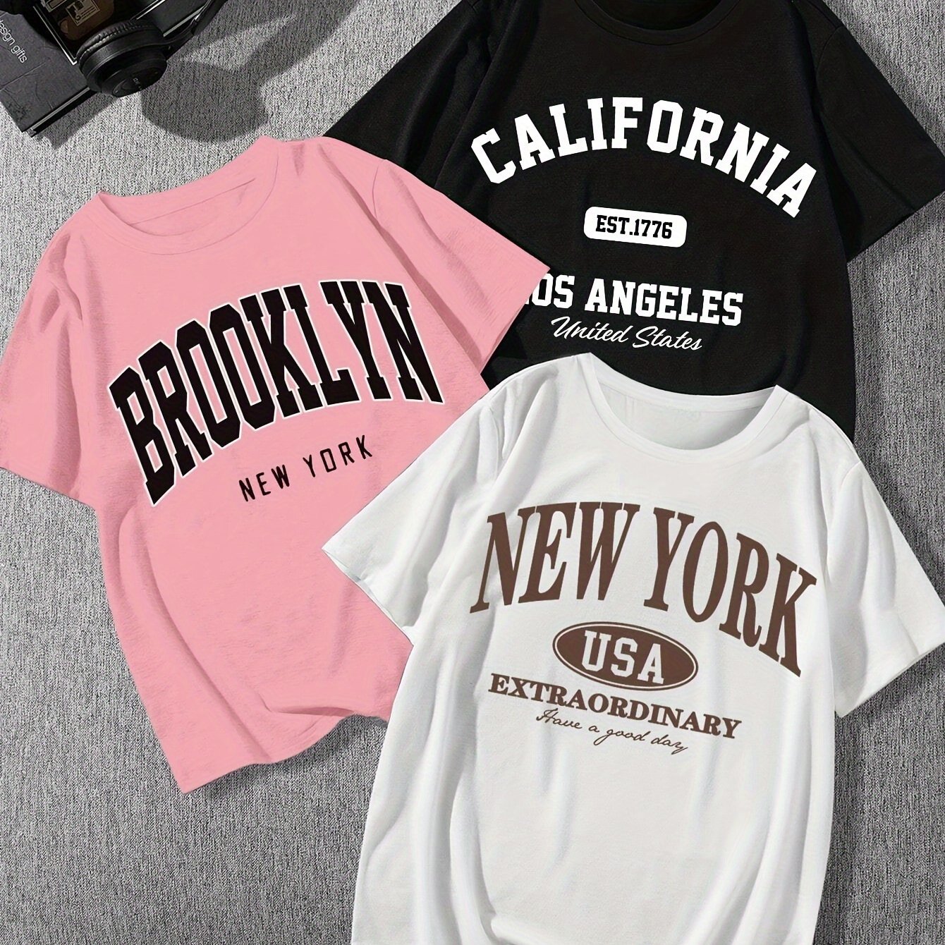 TEMU 3pcs Casual Easy Brooklyn California English Logo Printed Oversized Short Sleeve T-shirt, Suitable For Summer