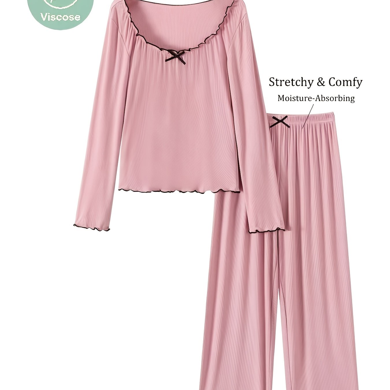 Spring And Autumn Ladies' Ribbed Color-blocking Long-sleeved Long Pants Fungus Wavy Edge Cuff Decorated With Bow Pajamas Set