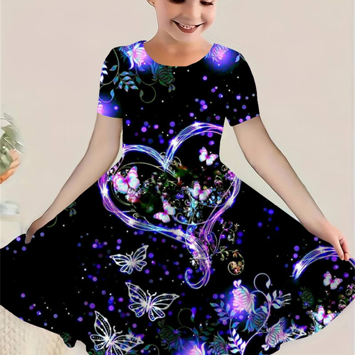 Image of Pattern Print Dress For Girls, Short Sleeve Round Neck Casual Loose Dress, Retro Cute Heart Pattern Skirt