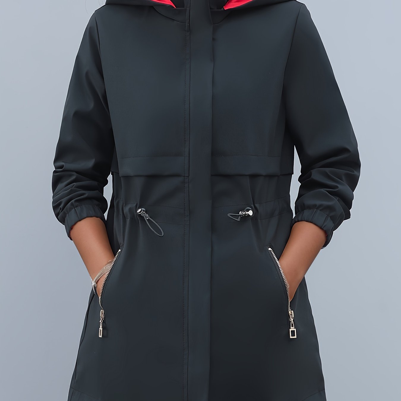 TEMU Women's Reversible Windbreaker Jacket, Spring/ And Black Color , Front Zippered Pocket, Mid-length Detachable Hood Top, Adjustable Waist