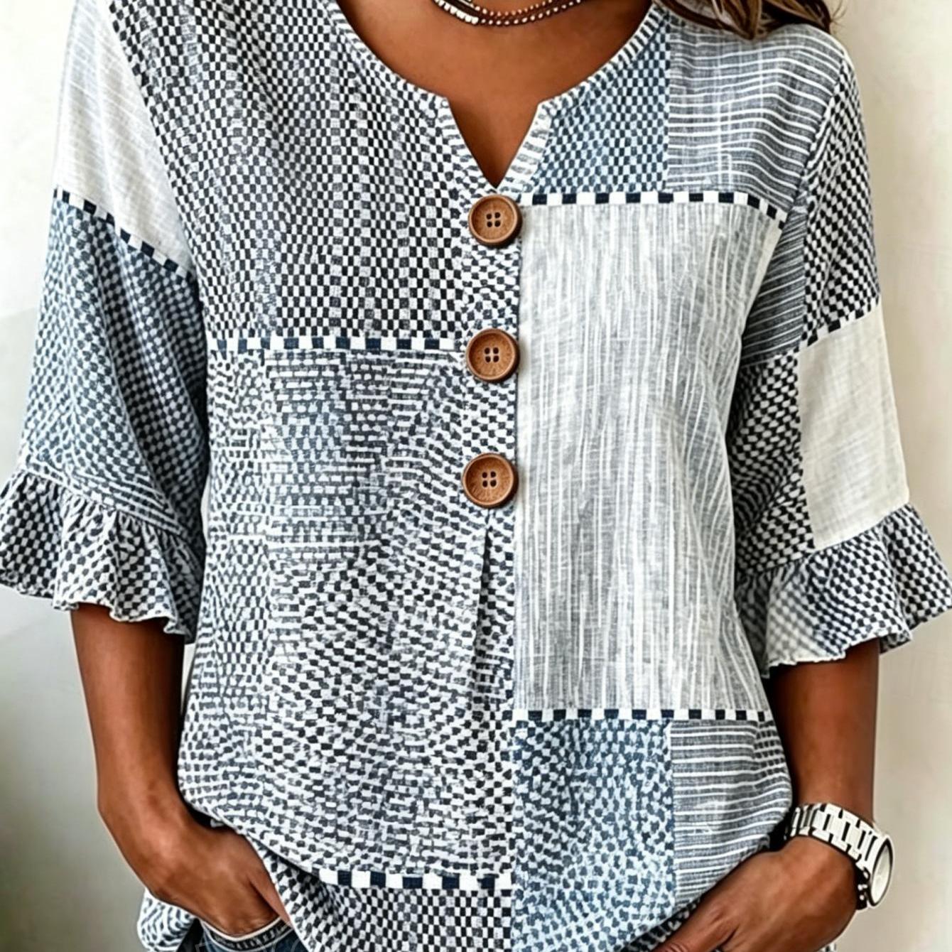Women's Tops Women's Summer Apparel New Women's Summer V-neck Blouse With Checkered Striped Geometric Ethnic Shirt Suitable For Casual Daily Commutes Trips Machine Washable 2d Flat Print