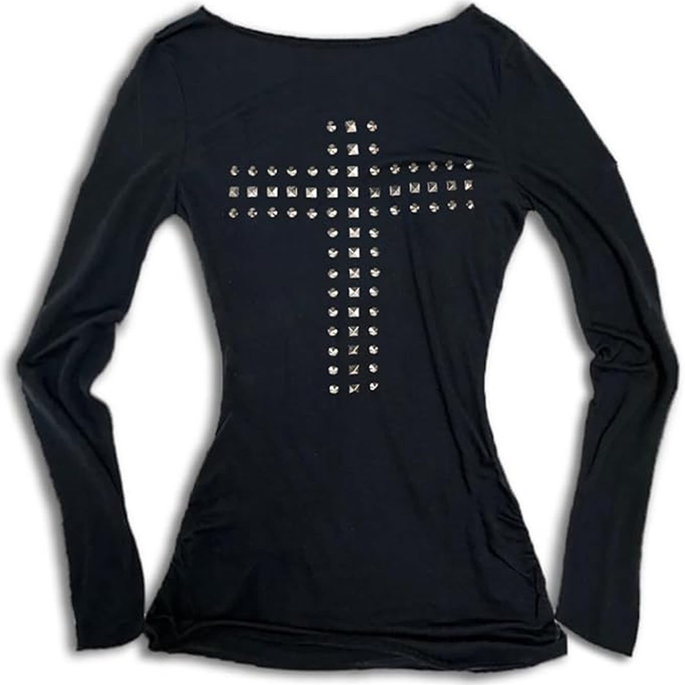 E-shop Y2K Frühling Sommer Damenmode Lässiges Cross Hot Drilled Rundhals Langarm T-Shirt Top Emo Damenbekleidung