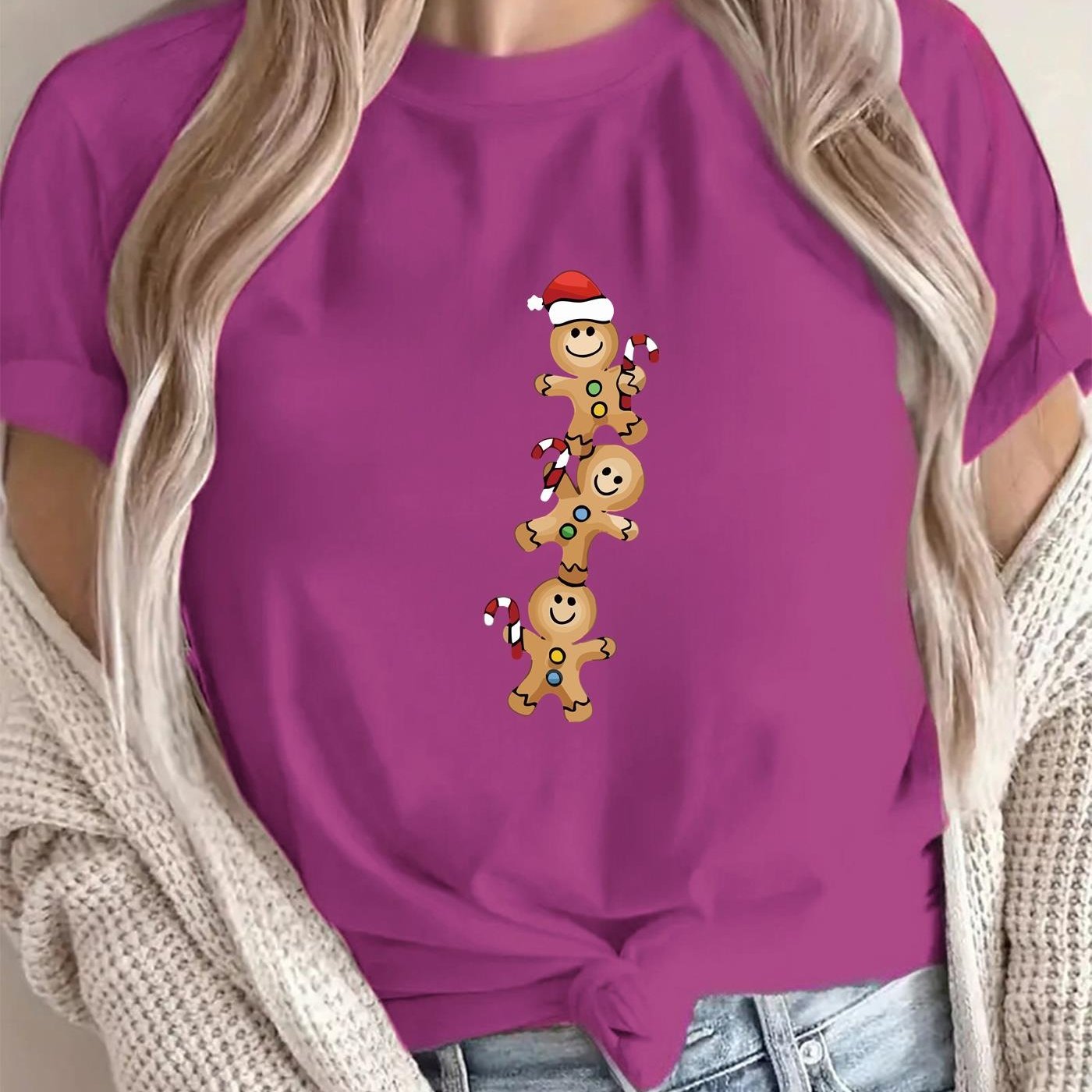 TEMU Women's Christmas Gingerbread For Print T-shirt - Cute Gingerbread For & Gingerbread For Design With Gingerbread For & Gingerbread For Faces,