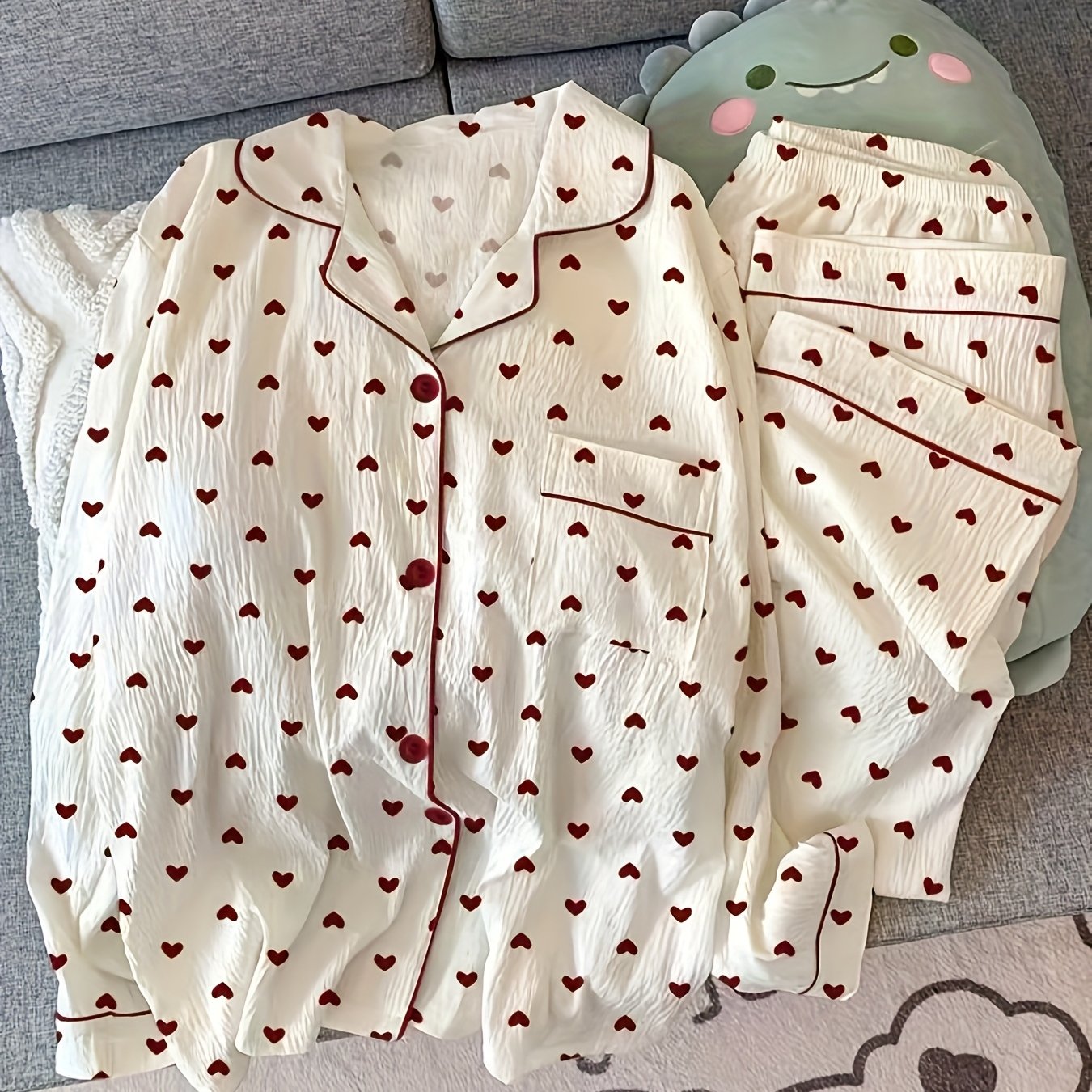 E-shop Damen Pyjama-Set für Frühling/Herbst mit langen Ärmeln langen Hosen, Cartoon-Herz-Aufdruck, süße niedliche 2-teilige Freizeitkleidung im