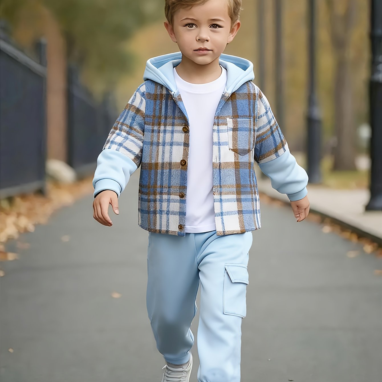Image of Boys' Autumn And Winter Brushed Plaid Hoodie With Hooded Cardigan And Plush Sweatpants, Suitable For Outdoor Wear In Autumn And Winter, A Gift For Children, Perfect For Outdoor,christmas,halloween