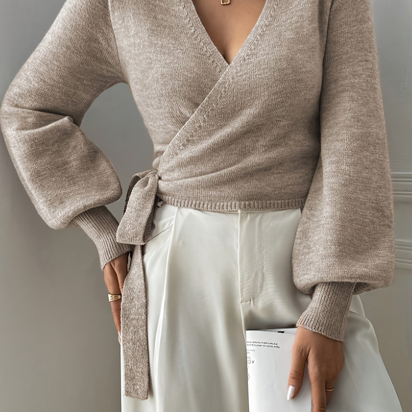 TEMU Pull Femme Automne Hiver Col en V Taille Manches Longues Manches Lanternes Décontracté Élégant Court