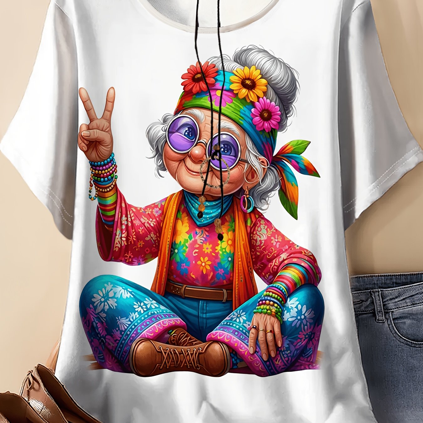 TEMU Plus Size, Women's Plus-size T-shirt With Cute Grandma Print - Short Sleeve Round Neck Suitable For All- Casual Wear, Stretchy Machine Washable