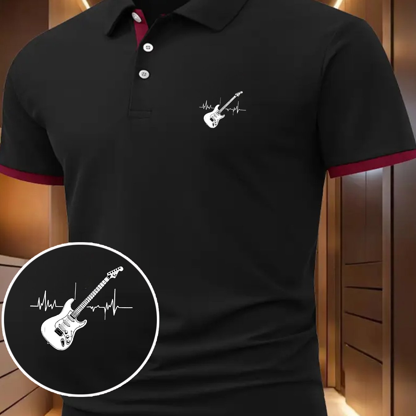 TEMU Men's Casual Outdoor Shirt With A Style, Featuring A Trendy And Versatile Electric Guitar Design