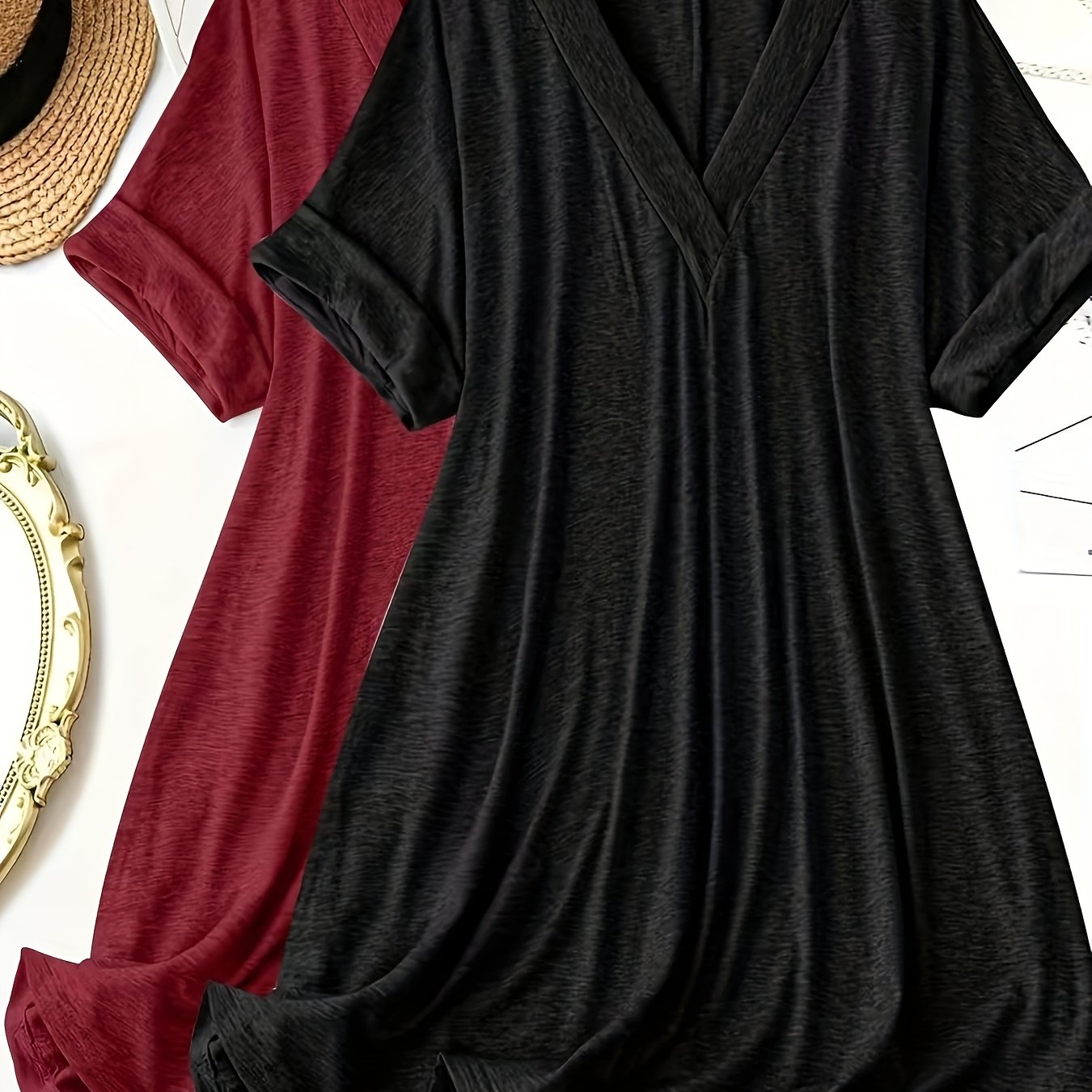Plus Size - Plus Size - -style 2pcs Set Solid Short Sleeve V-neck Dresses