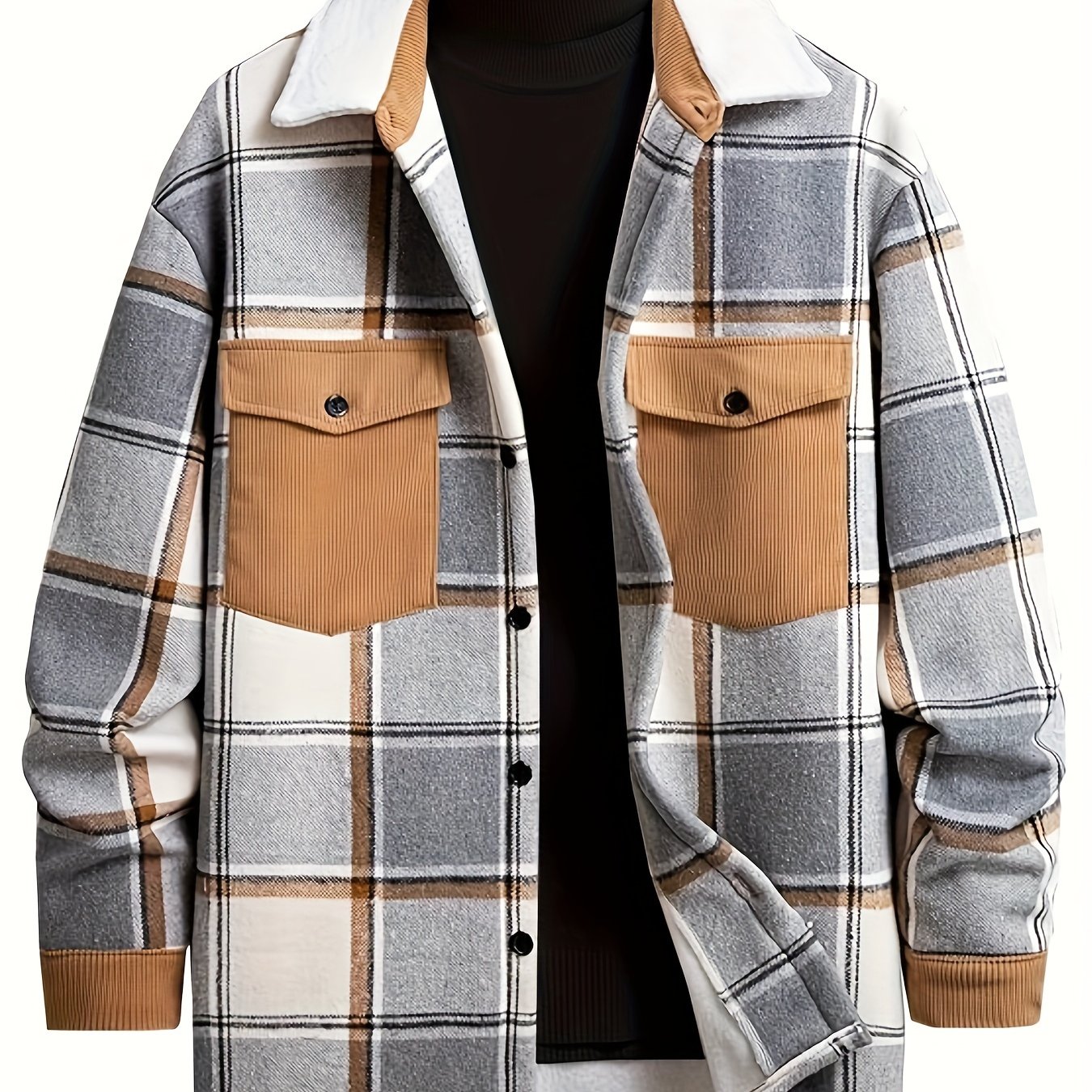 Men 1pc Print Flap Pocket Drop Shoulder Overcoat, Plus Size
