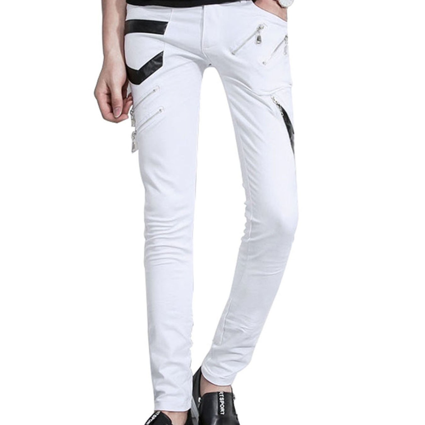 Image of Mens Punk Style Zipper Pants Slim Fit Stretch Motorcycle Biker Riding Night Club Long Trousers