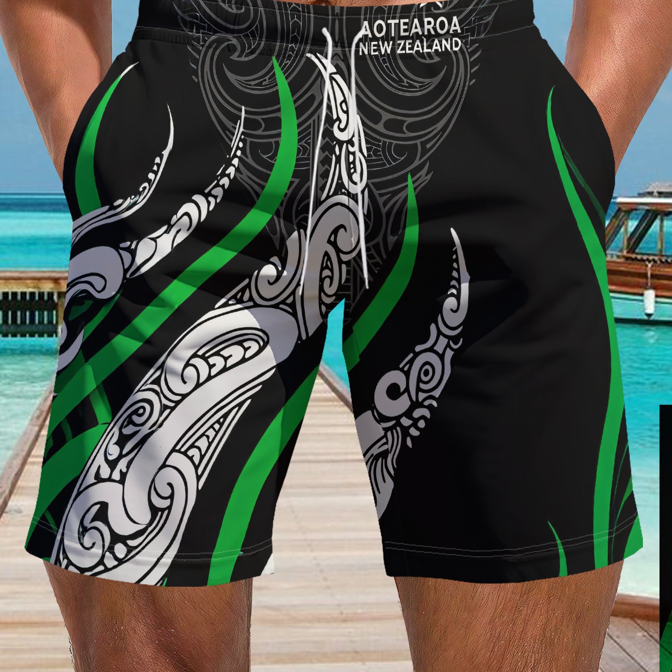 TEMU Men's Summer Beach Vacation Shorts Featuring Maori Totem Patterns On And Black Background - Made Of 100% Quick-drying, With A Drawstring Waist,