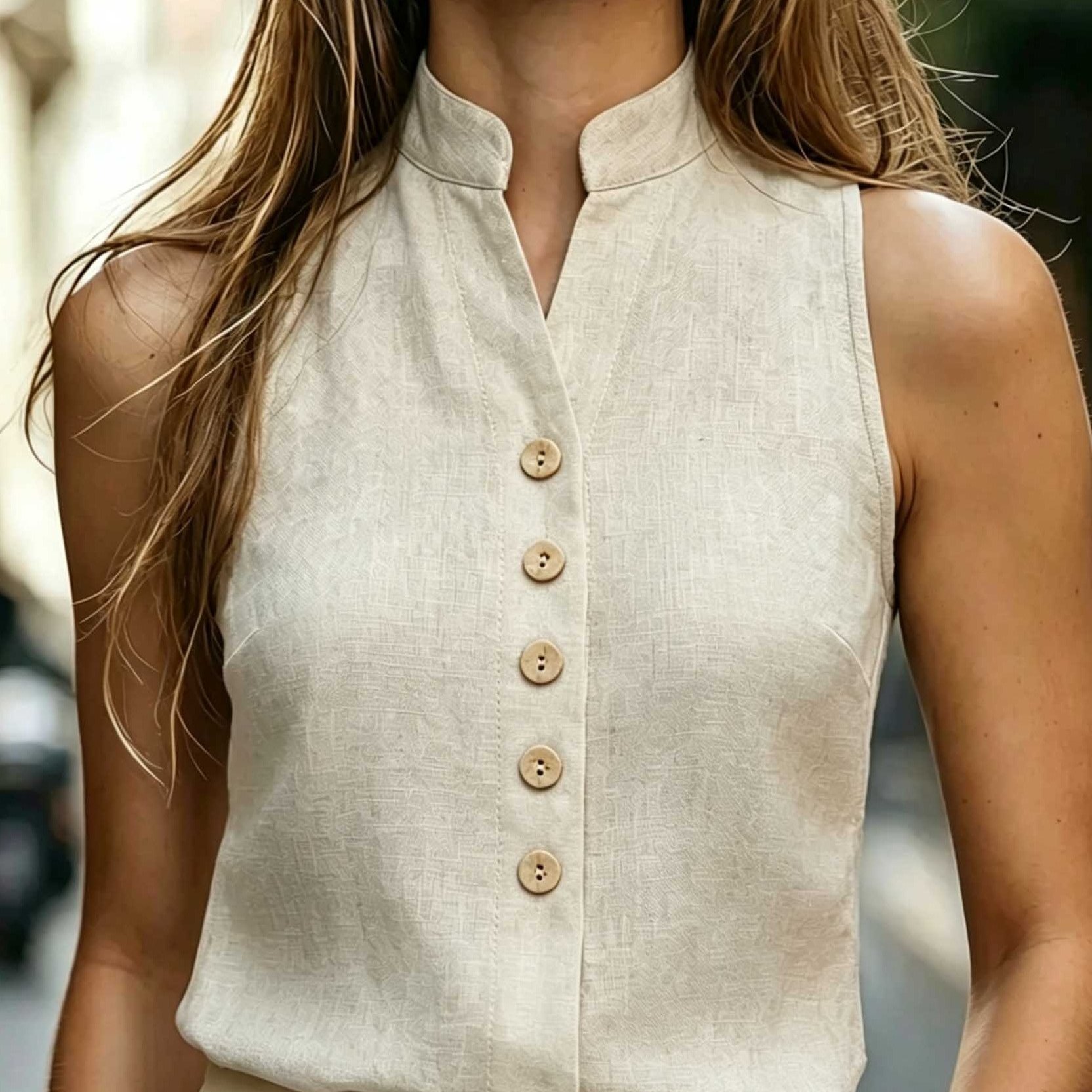 TEMU Women's Summer Solid V-neck Sleeveless Casual Elegant High-quality Shirt, Suitable For Carnival, Labor Day, Travel, Beach, Street And More.